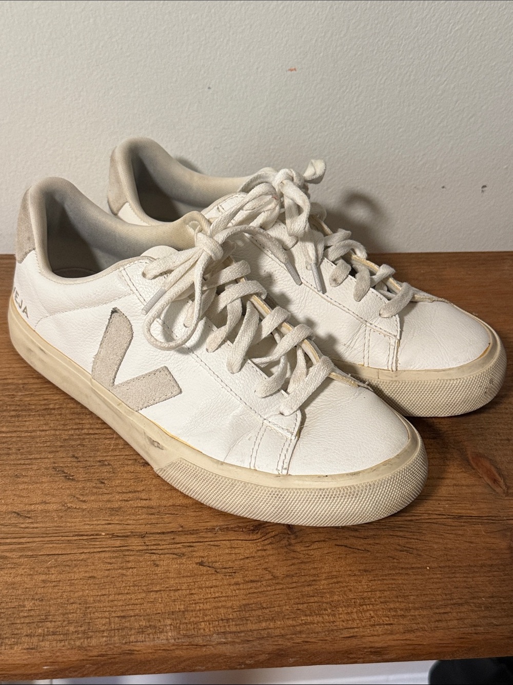 Veja White Leather Sneakers with Beige Suede V Detail